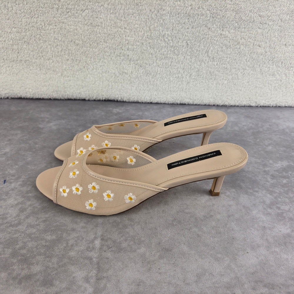 French Connection Beige Daisy Embroidered Mesh Kitten Heel Mules Size 10 US